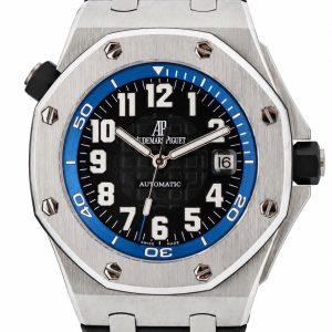 Stainless steel wristwatch with a black dial, blue bezel, and bold white numerals; date window at 3 o'clock; black strap.