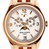 Rose gold Patek Philippe wristwatch with white dial, showing day, month, moon phase subdials and date at 6 o'clock; polished bracelet and case.