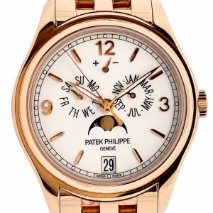 Rose gold Patek Philippe wristwatch with white dial, showing day, month, moon phase subdials and date at 6 o'clock; polished bracelet and case.